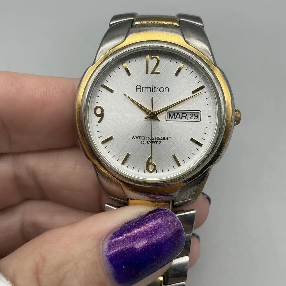 Armitron Mens Watch 36mm Gold Silver Tone Expansion Band Day Date New Battery